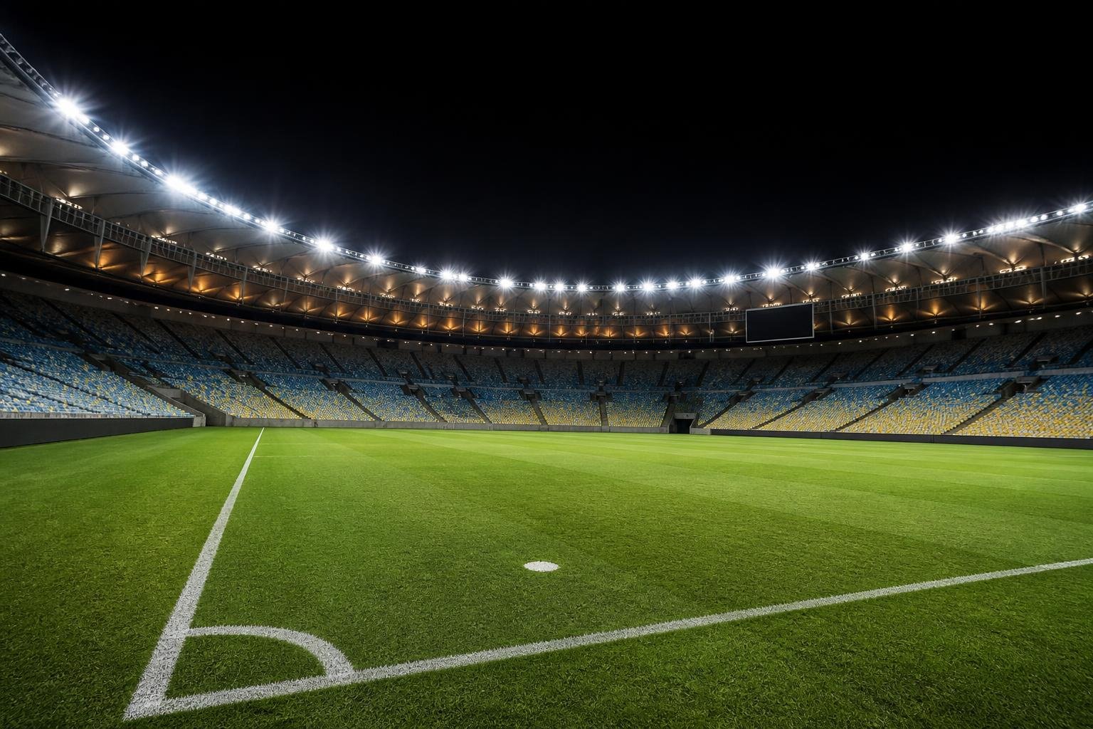 Gramado iluminado do Maracanã à noite, com a marca do pênalti em destaque e as arquibancadas ao fundo