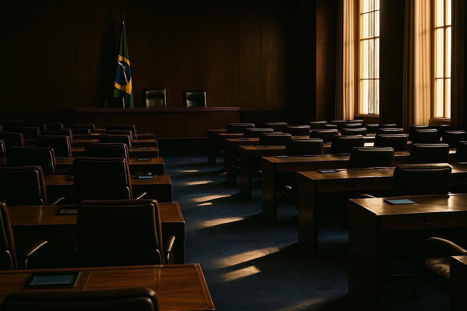 Plenário vazio do Senado Federal, com cadeiras e mesas dispostas em fileiras e a bandeira do Brasil ao fundo