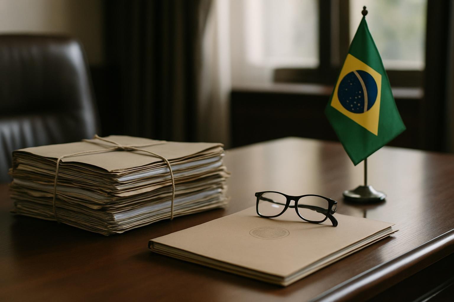 Mesa de escritório com pilha de processos oficiais, pasta de inquérito fechada e óculos sobre documentos