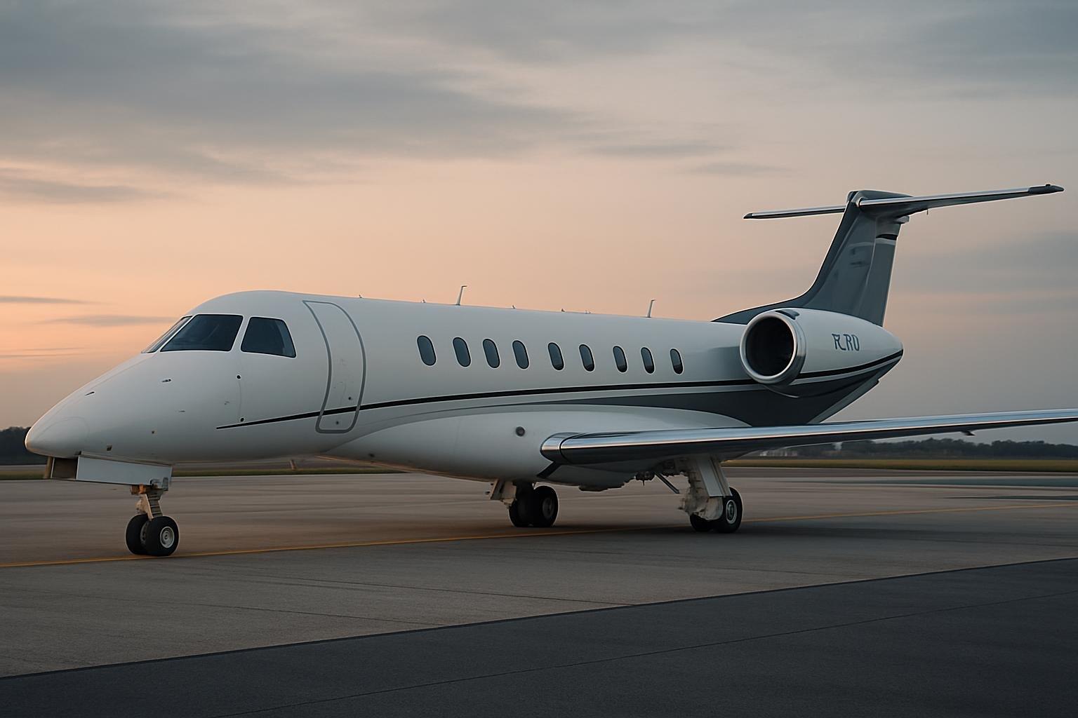 Jato executivo Legacy 650 parado na pista, em cena de aeroporto ao entardecer.