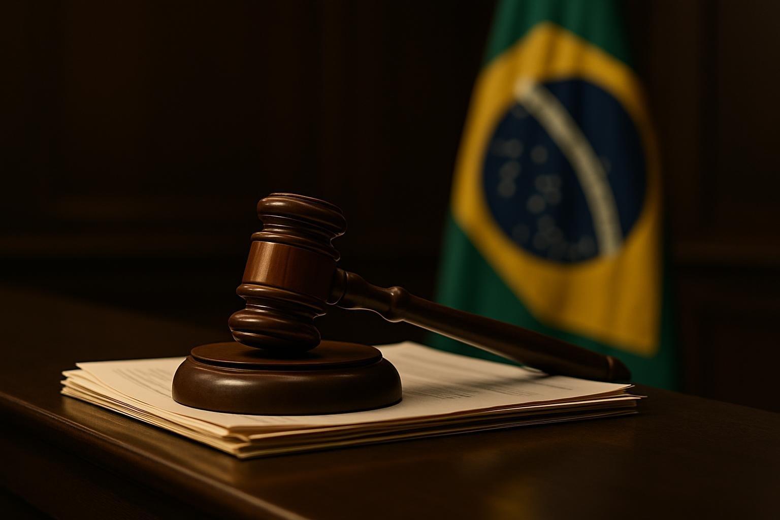 Martelo de juiz sobre documentos em tribunal, com bandeira do Brasil ao fundo, em decisão sobre candidatura