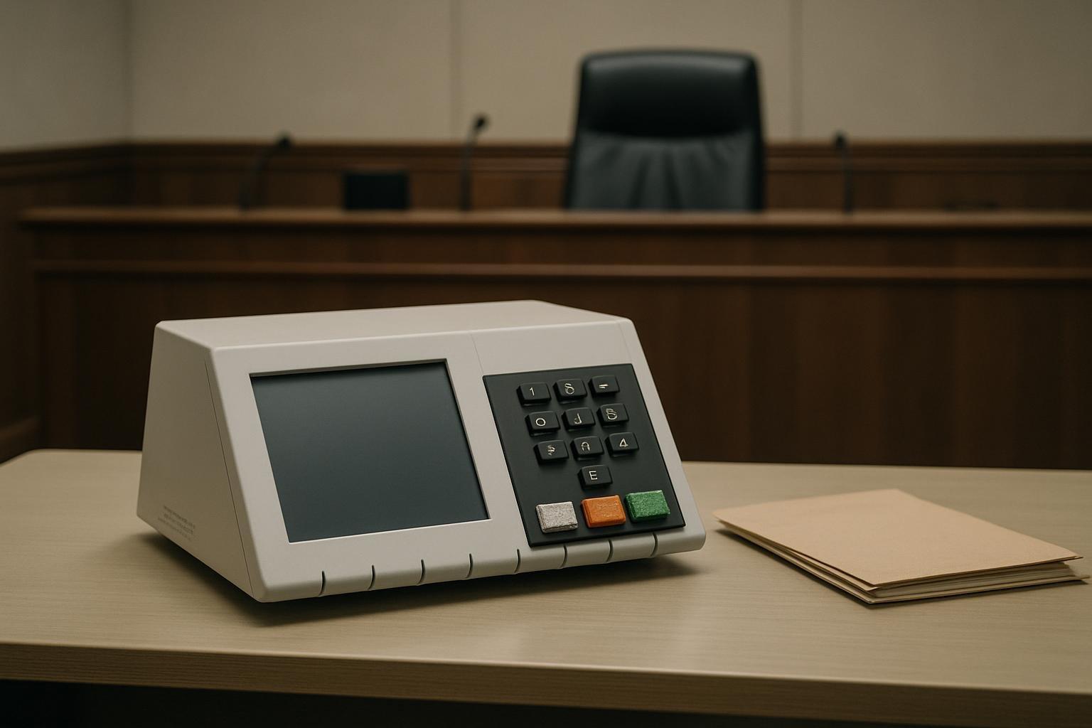 Urna eletrônica sobre mesa em sala do tribunal eleitoral, ao lado de pasta de processo sobre registro de candidatura