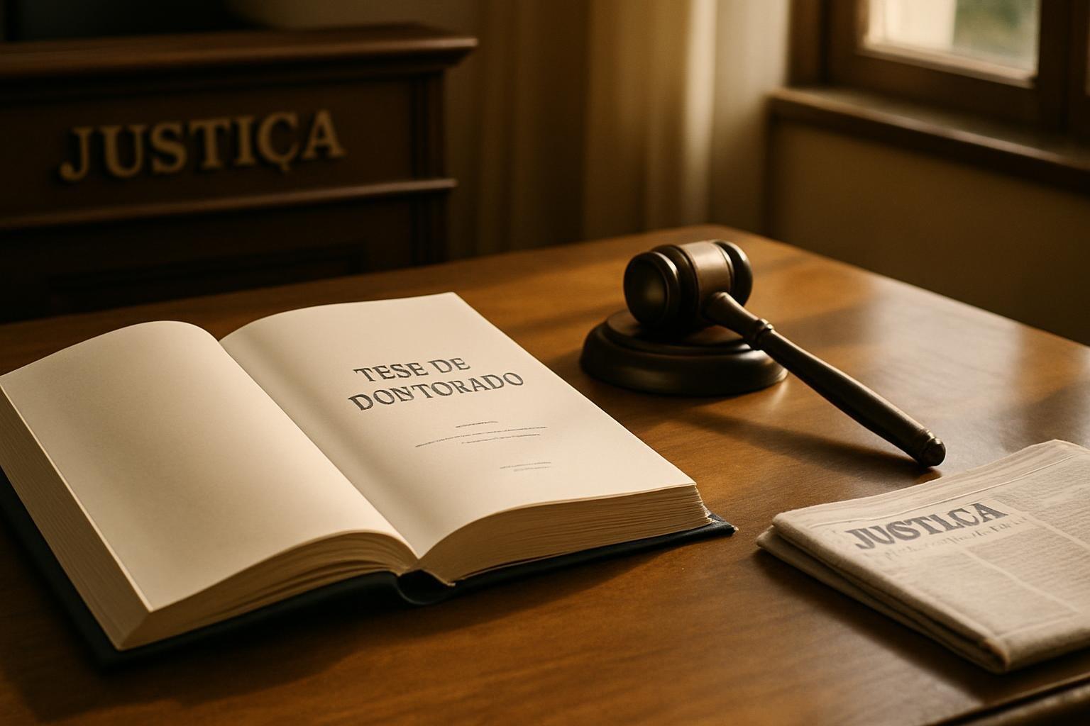 Tese de doutorado aberta sobre mesa de escritório ao lado de um martelo de juiz e jornal dobrado
