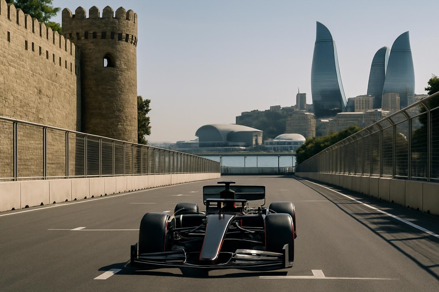 Carro de Fórmula 1 nas ruas de Baku, pronto para a largada do GP do Azerbaijão.