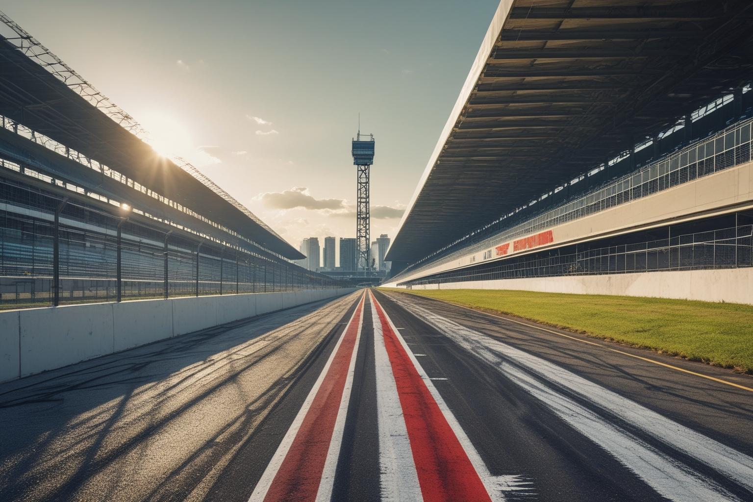 Circuito das Américas, em Austin, com a reta principal e o grid de largada pintado no asfalto ao pôr do sol
