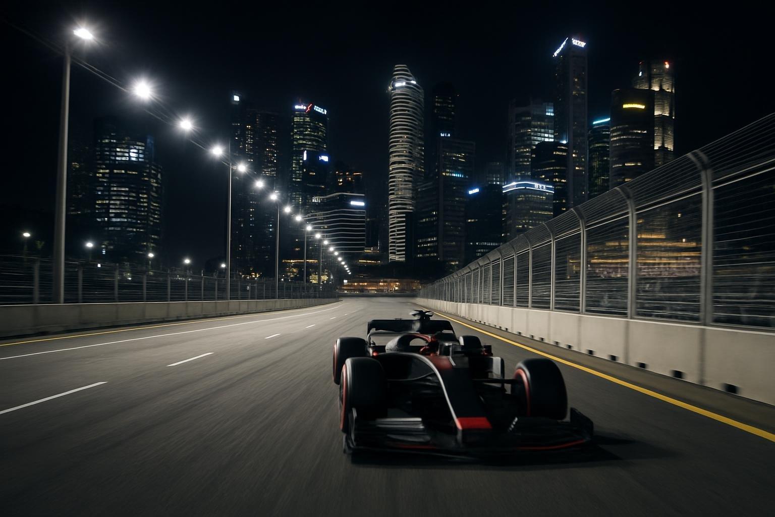 Carro de Fórmula 1 em alta velocidade no circuito urbano de Marina Bay, em Singapura, à noite sob refletores