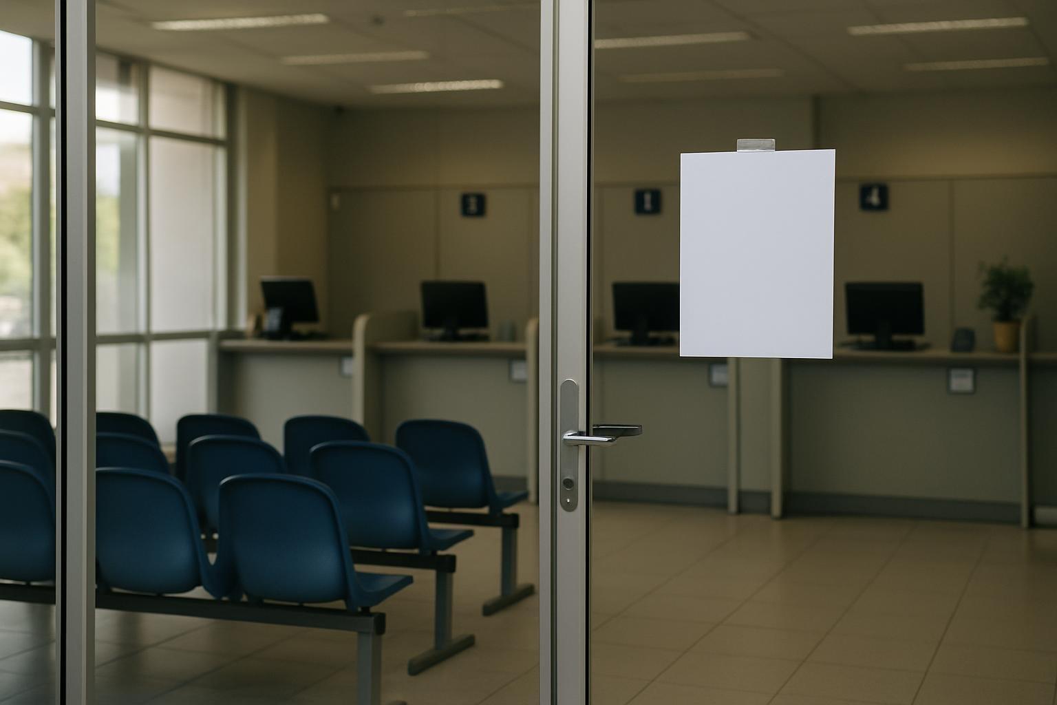 Agência bancária da Caixa fechada, com portas de vidro, aviso na entrada e balcões vazios durante a greve
