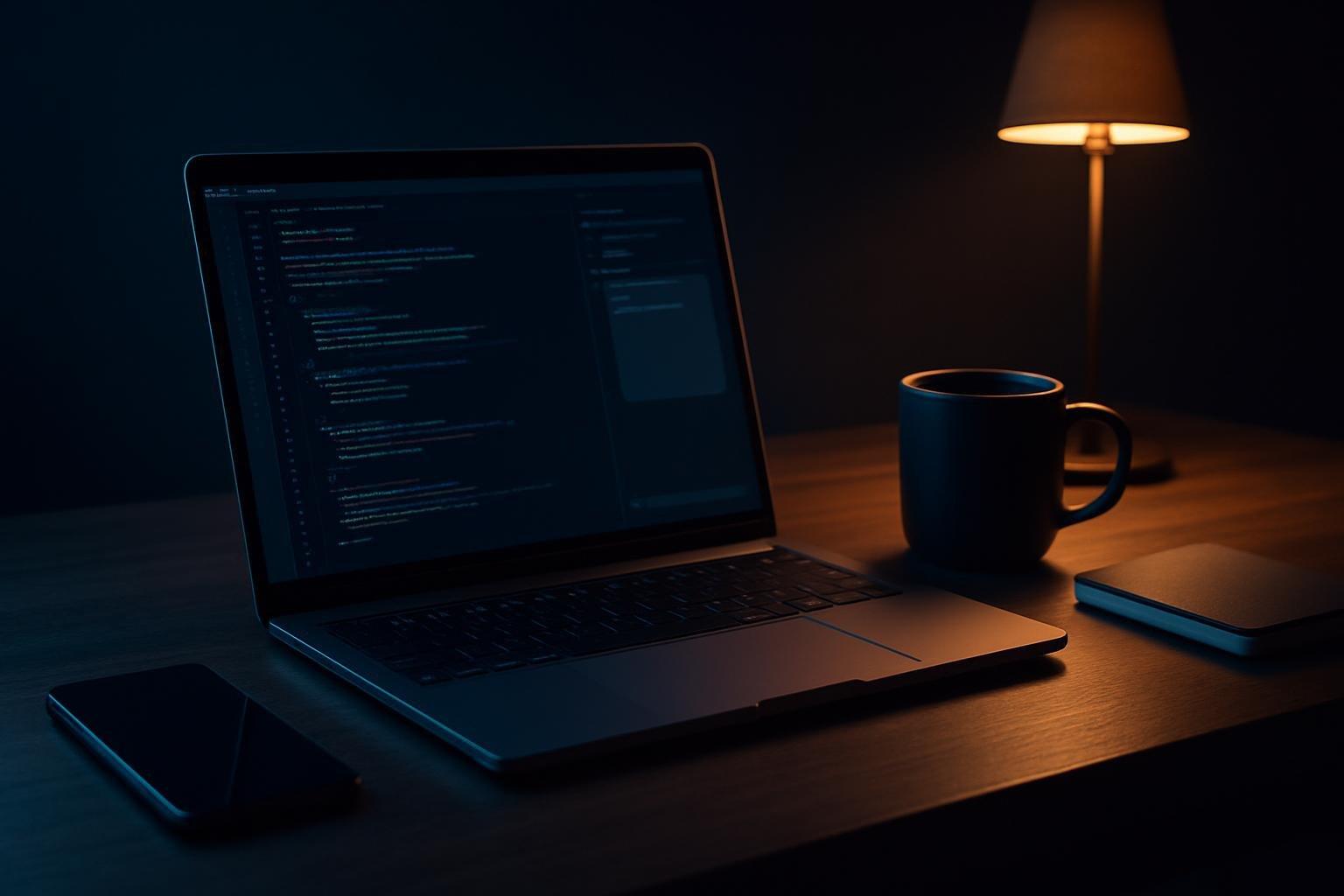 Notebook com interface escura de código e chat ao lado de um celular sobre a mesa de trabalho