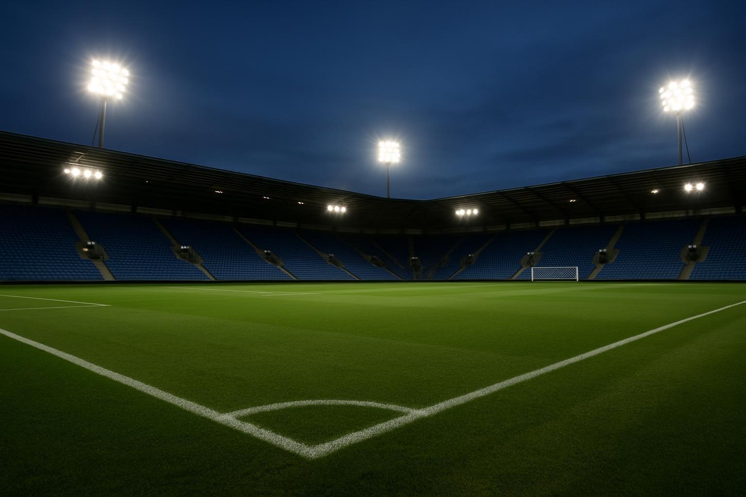 Estádio de futebol inglês vazio ao anoitecer, com gramado, arquibancadas azuis e refletores acesos