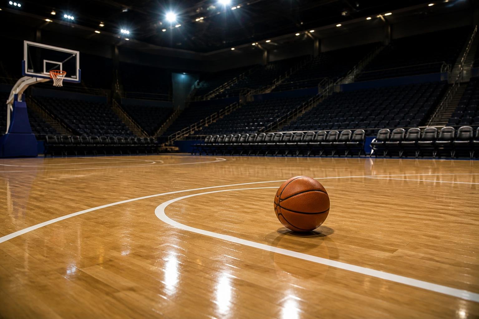 Bola de basquete parada na quadra do Chase Center com o banco de reservas vazio ao fundo