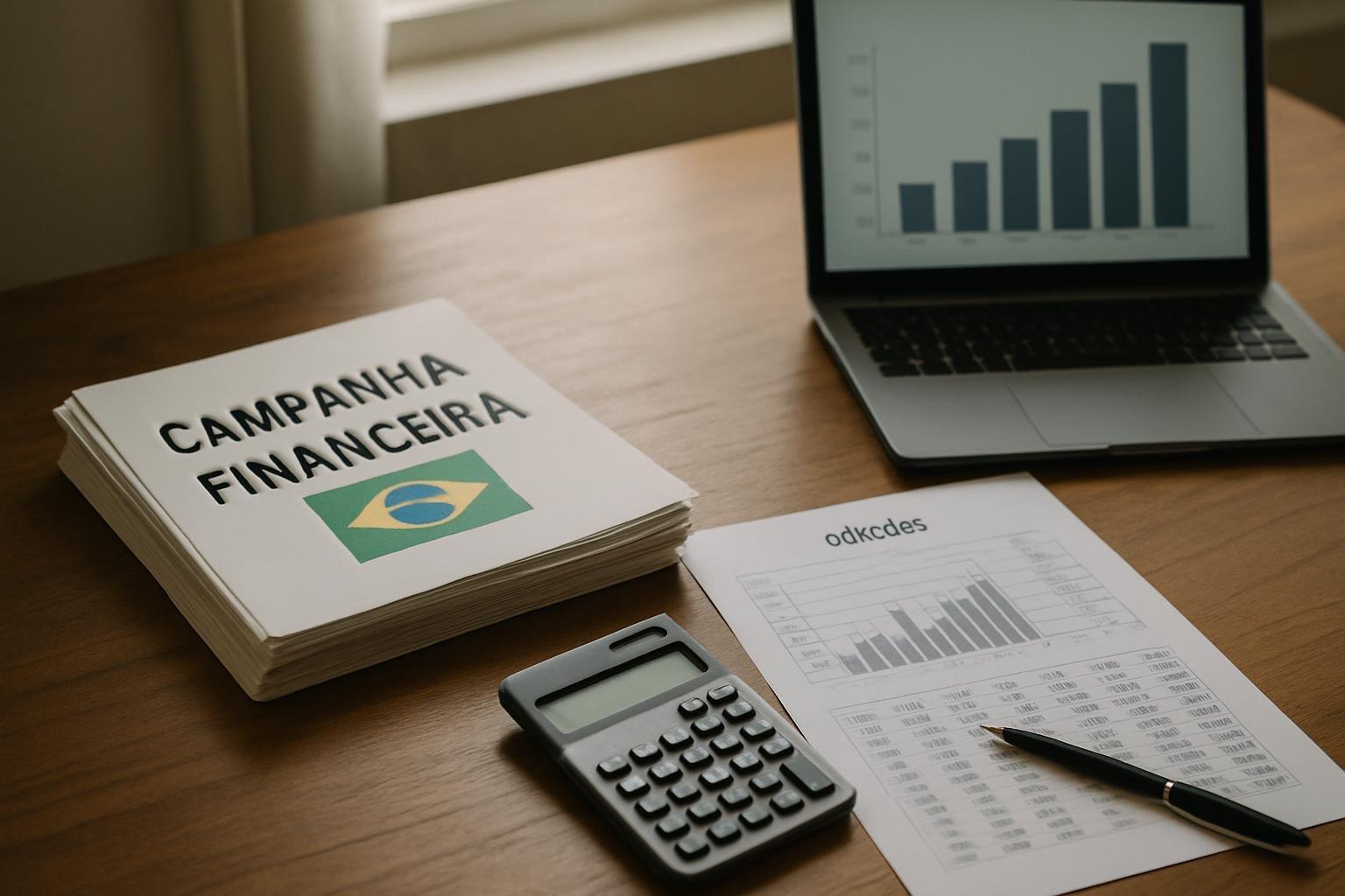 Mesa de campanha com planilhas de doações, calculadora e notebook exibindo gráfico de repasses eleitorais
