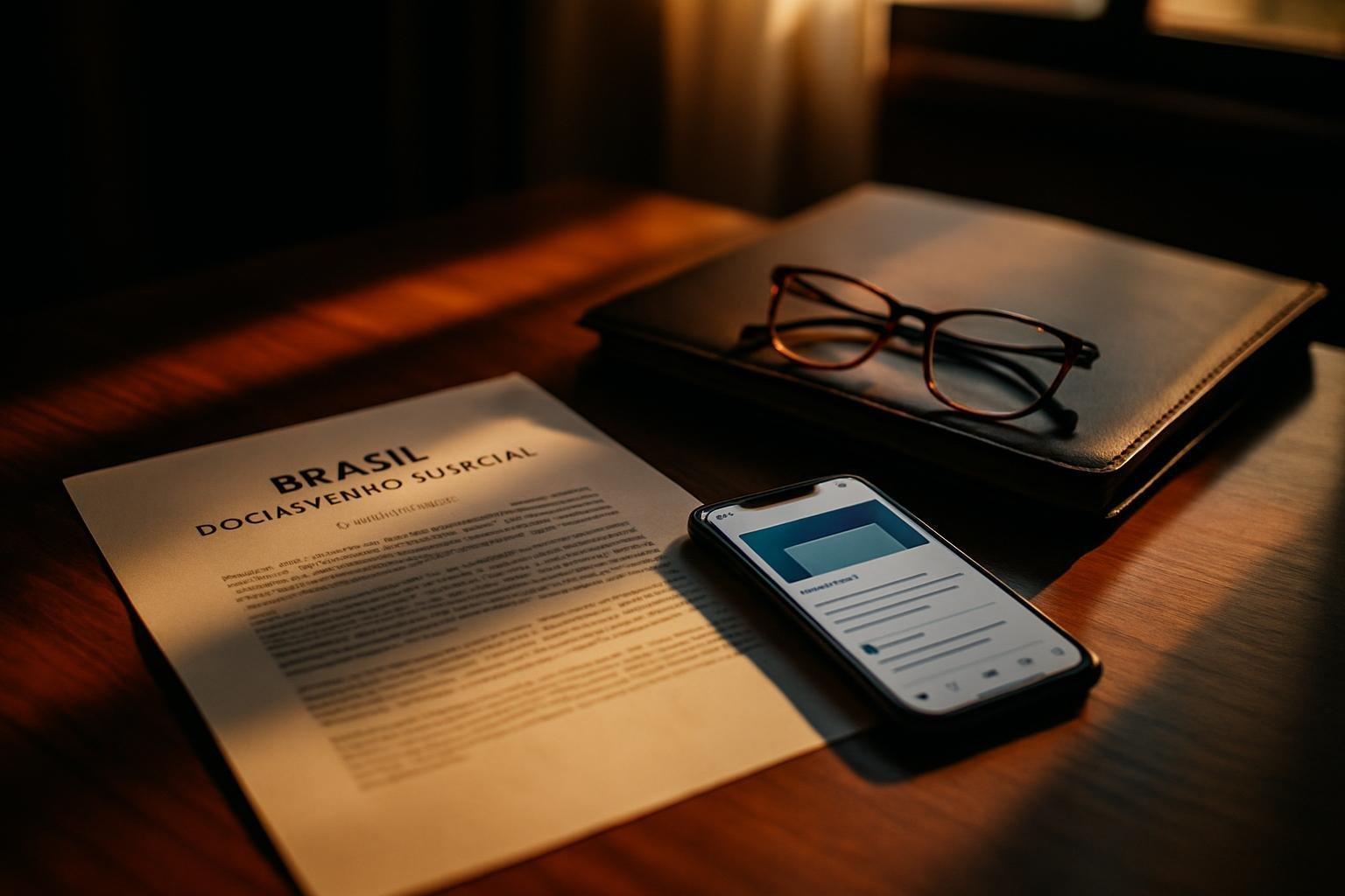 Documento judicial e celular com postagem em uma mesa de escritório, ao lado de óculos e pasta de couro