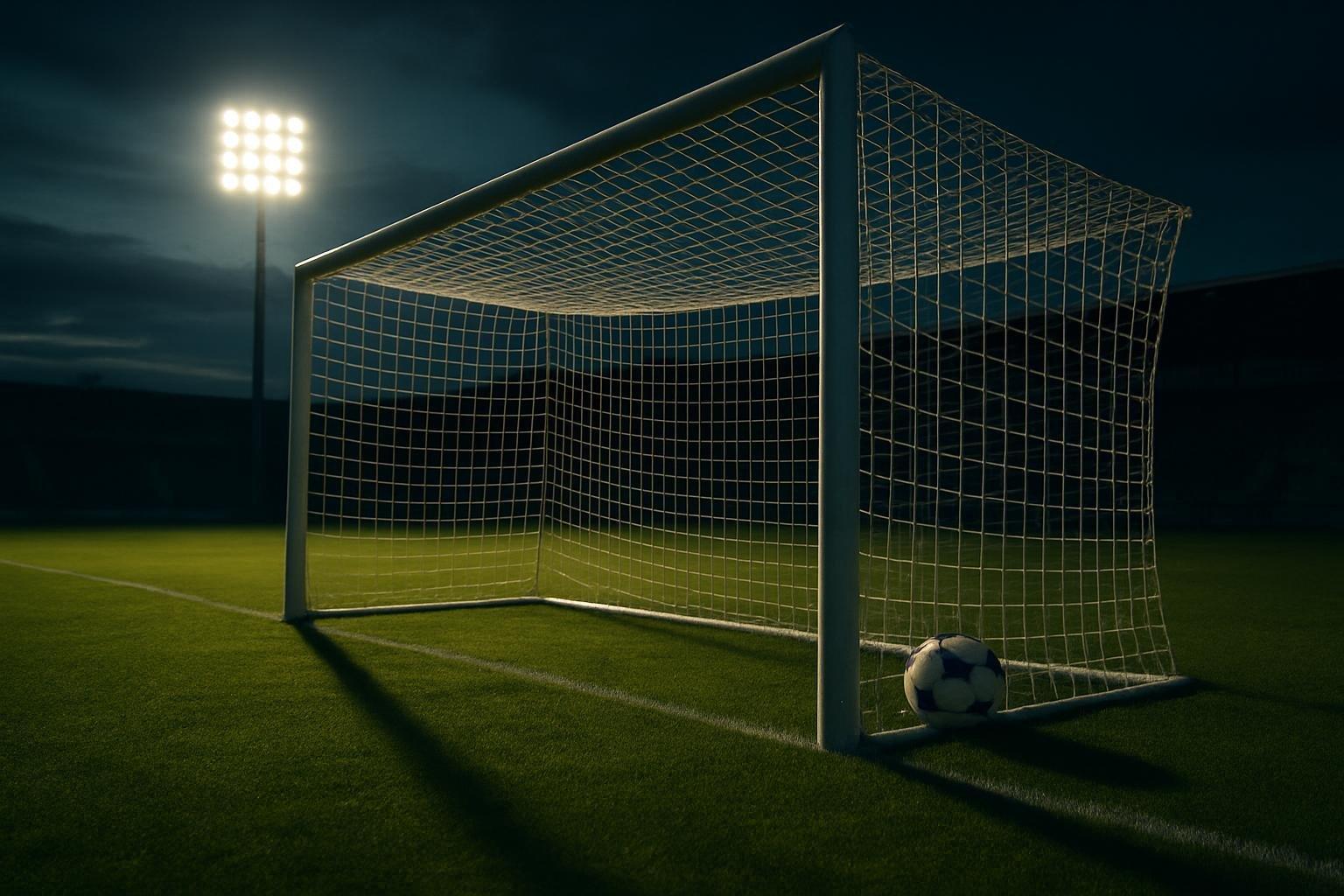Bola de futebol no fundo da rede no canto direito do gol, em campo iluminado por refletores ao anoitecer