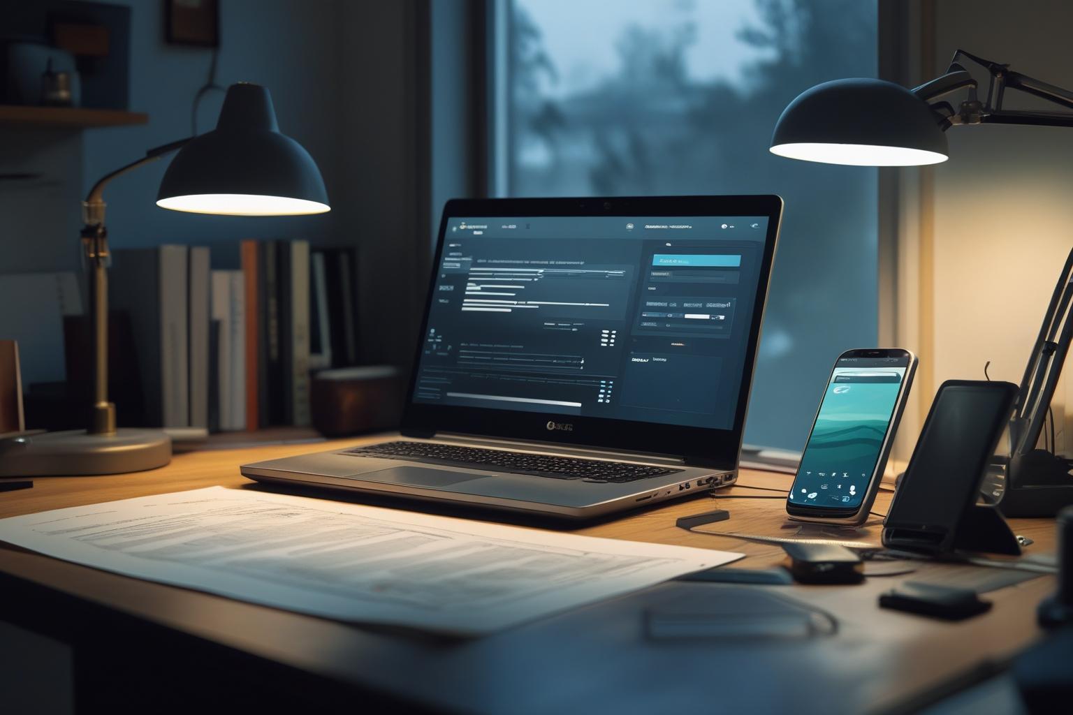 Notebook e celular sobre uma mesa de escritório iluminada por luminária, com formulário na tela do computador