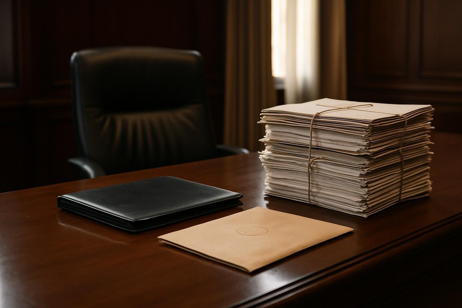 Mesa de madeira em gabinete do STF com pilha de autos sigilosos do inquérito das fake news e envelope de documento carimbado