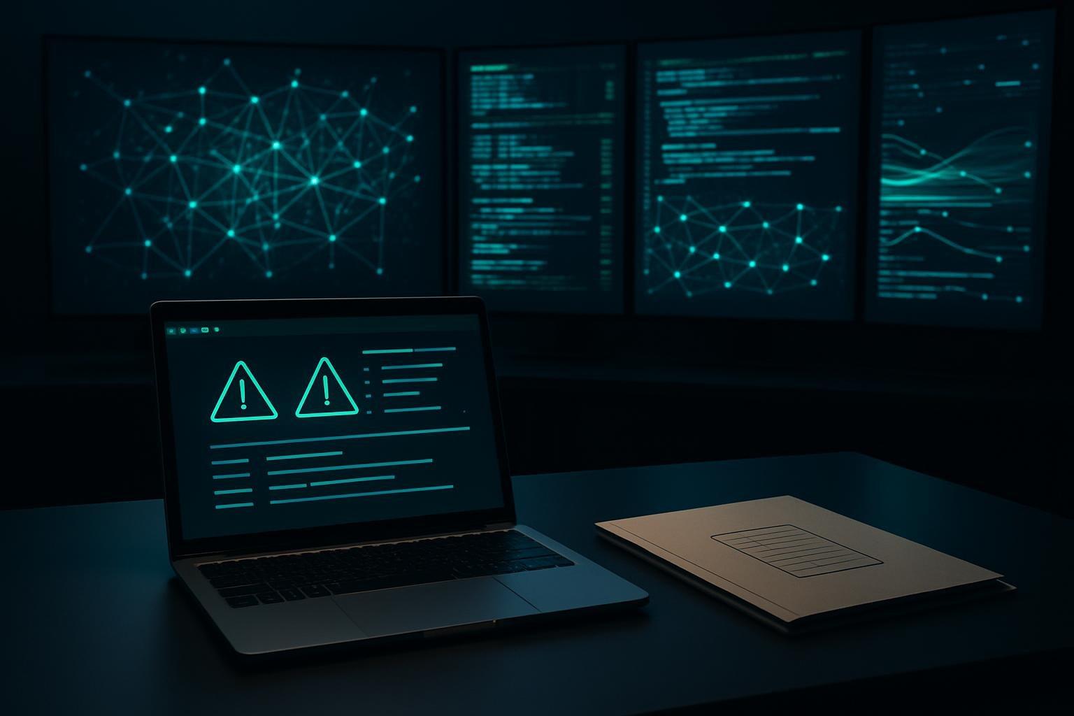 Sala de operações de cibersegurança com monitores exibindo diagramas de rede e um laptop com alertas de invasão