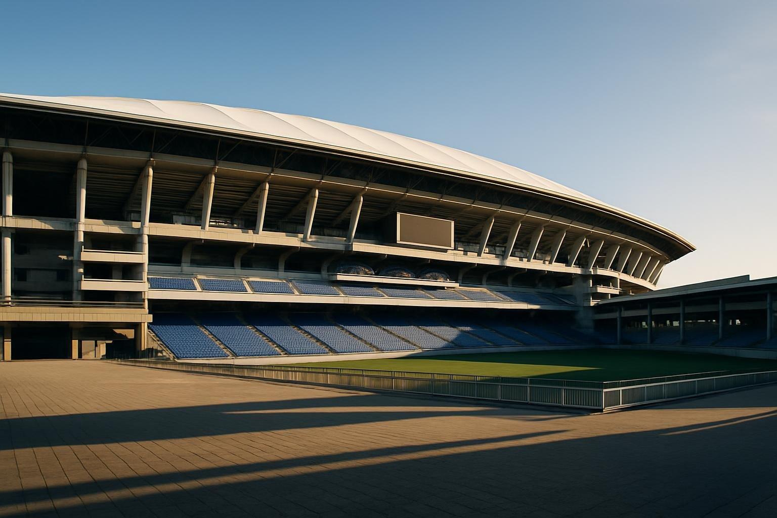 Estádio Internacional de Yokohama vazio sob luz de fim de tarde antes do jogo da Kirin Cup 2026