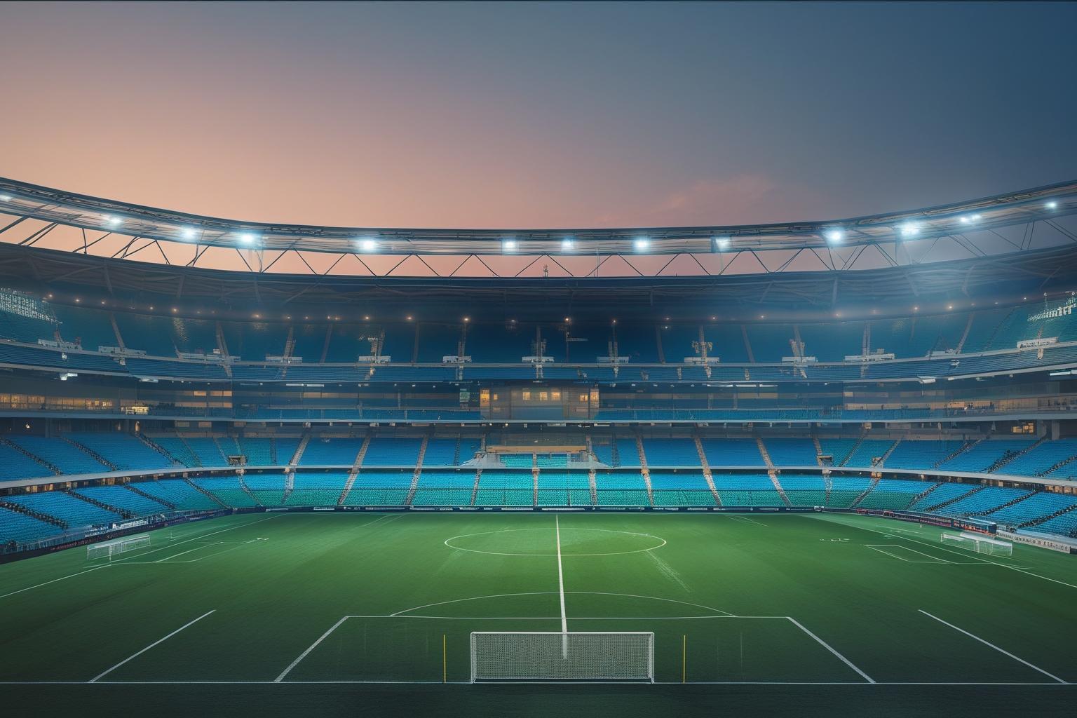Estádio de futebol vazio em Dubai ao anoitecer, com bola no gramado e arquibancadas sem torcida