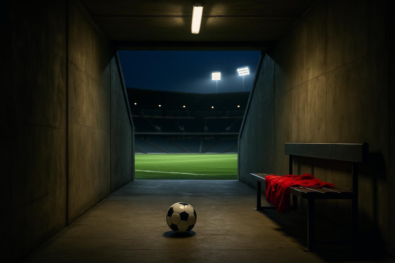 Vestiário e túnel de estádio de futebol vazios com bola e camisa sobre o banco, sob luz de fim de tarde