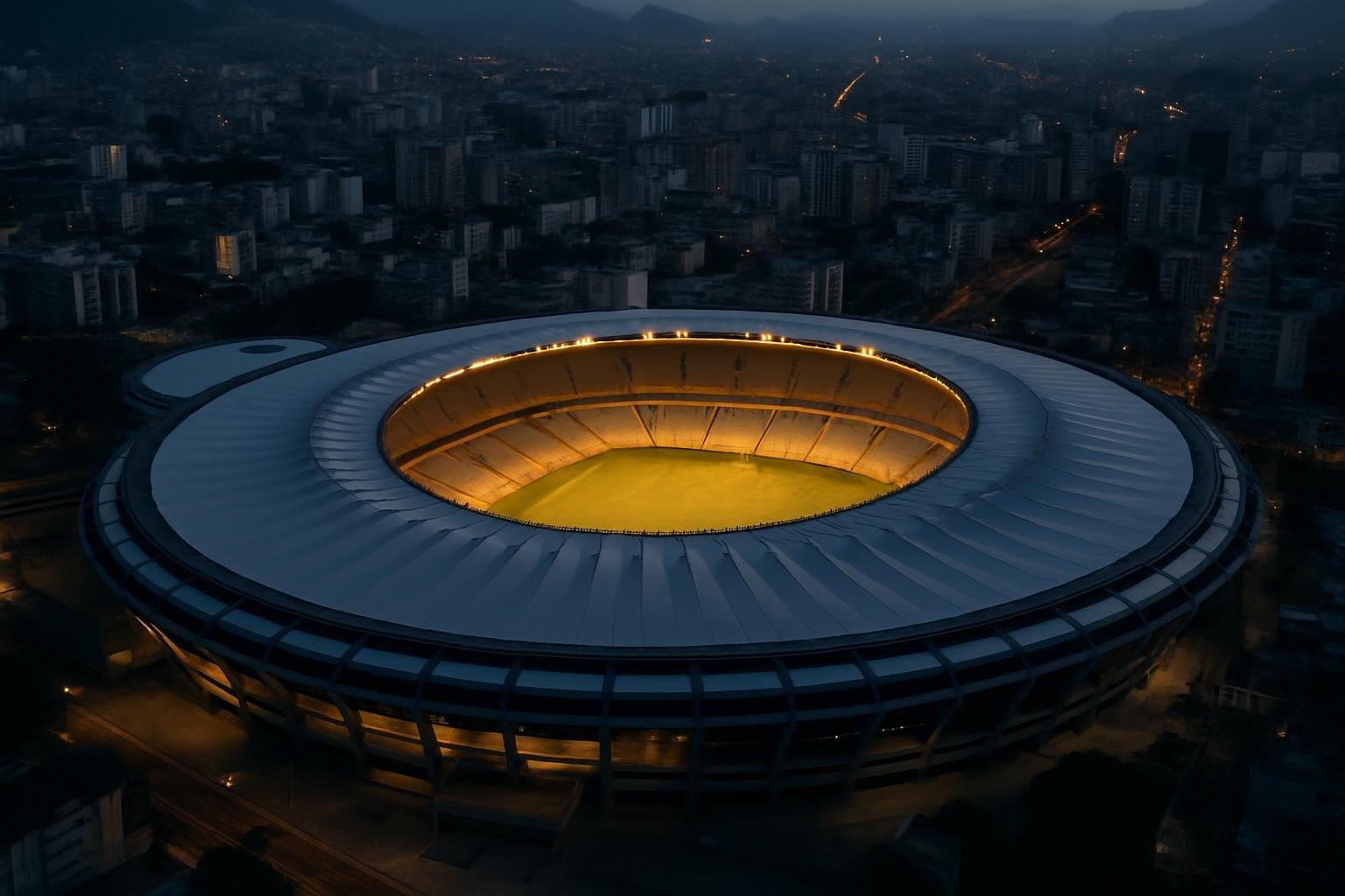 Vista aérea do estádio do Maracanã ao anoitecer, com o gramado e a arquitetura iluminados no Rio de Janeiro