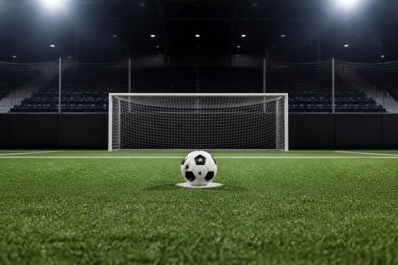Bola parada na marca do pênalti em campo de futebol society iluminado por refletores, com o gol ao fundo