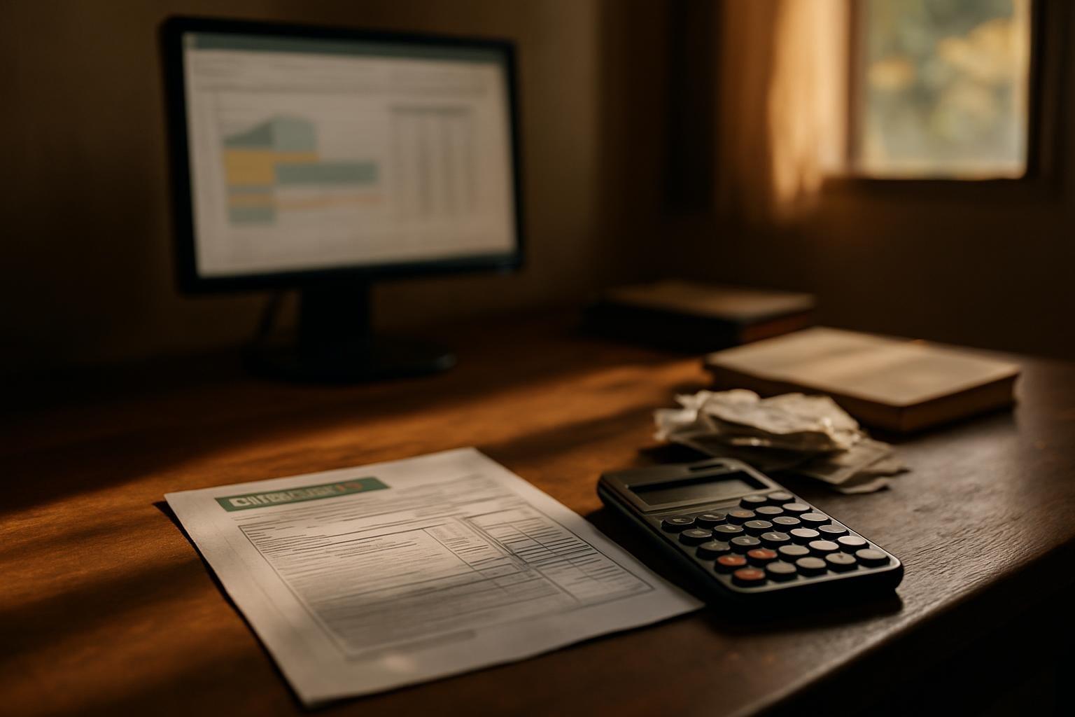 Mesa de pequeno negócio com calculadora, documentos fiscais e recibos ao lado de um monitor com planilha financeira