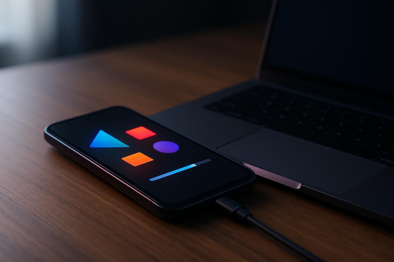 Celular conectado por cabo USB a um notebook sobre a mesa, com interface de instalação de sistema na tela