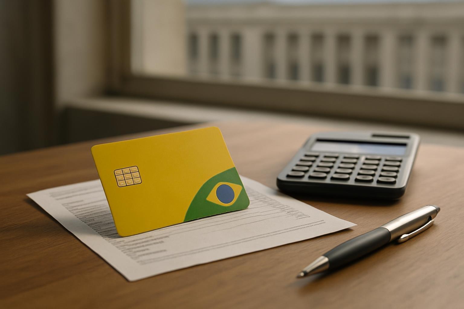 Cartão do Bolsa Família e extrato bancário sobre mesa de madeira, com calculadora e caneta ao lado