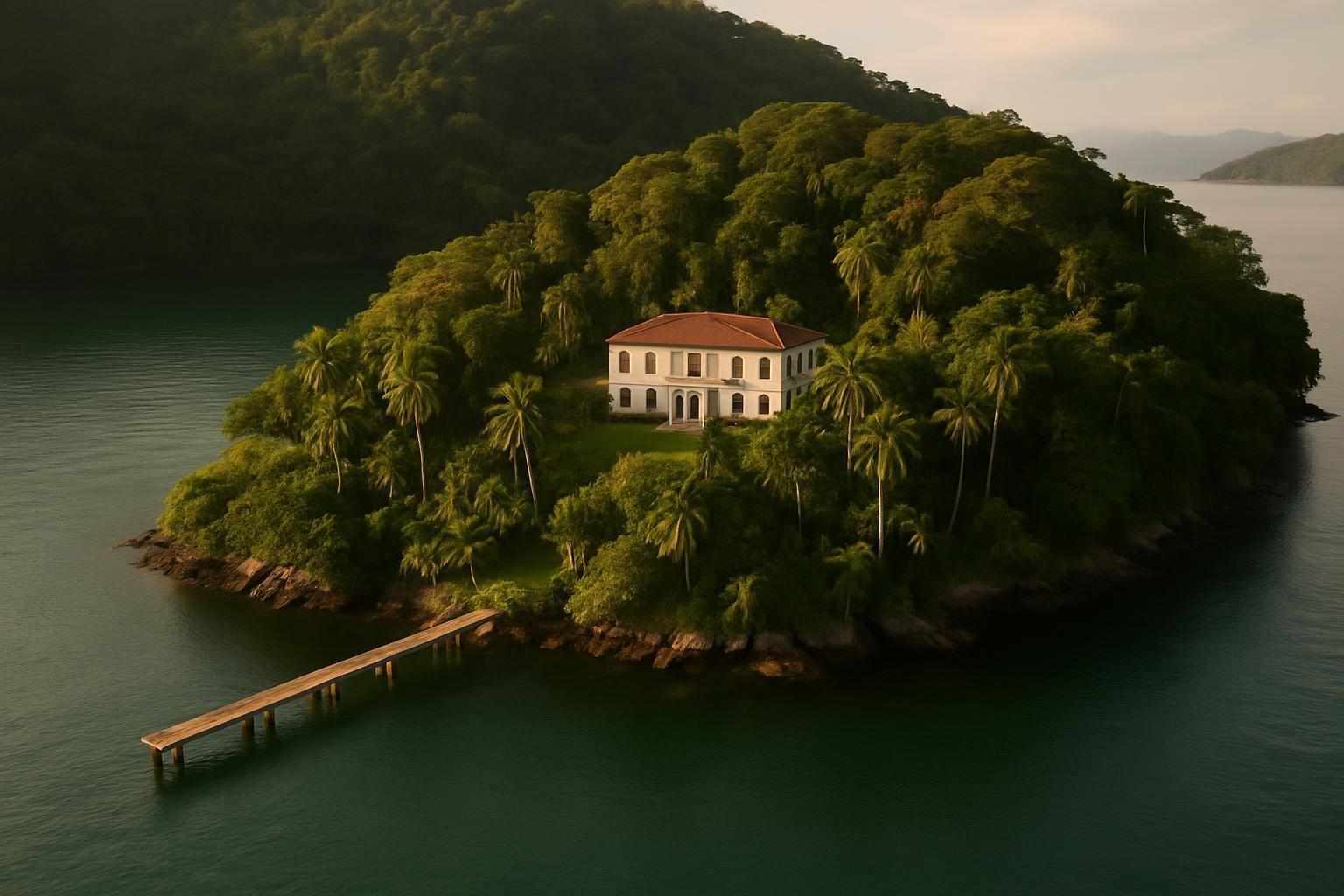 Vista aérea de mansão em ilha verde de Angra dos Reis com pier sobre a água azul ao entardecer