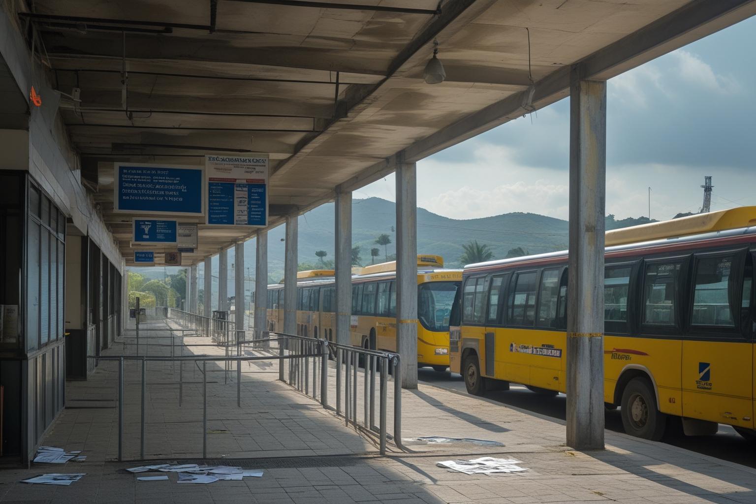 Terminal de ônibus urbano vazio em Salvador, com veículos parados nas plataformas e catracas fechadas sob luz do meio-dia