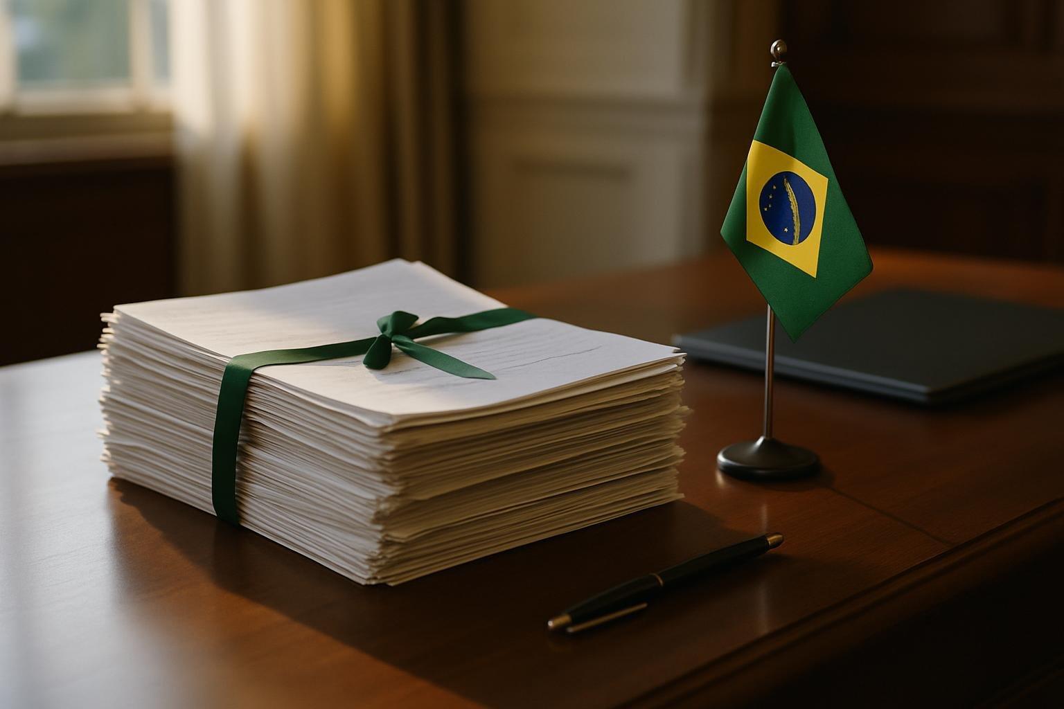 Pilha de documentos jurídicos com laço verde, caneta e bandeira do Brasil sobre mesa de gabinete, ao lado de um notebook fechado