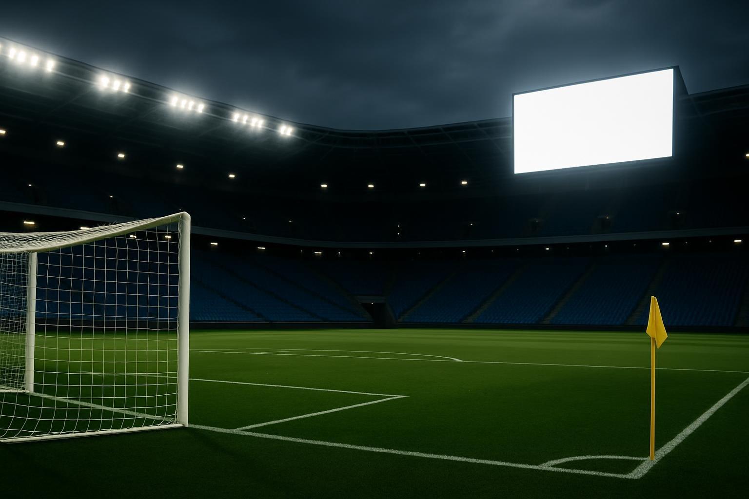 Estádio de futebol vazio ao anoitecer, com traves, bandeirinha de canto e arquibancadas azuis sob placar apagado