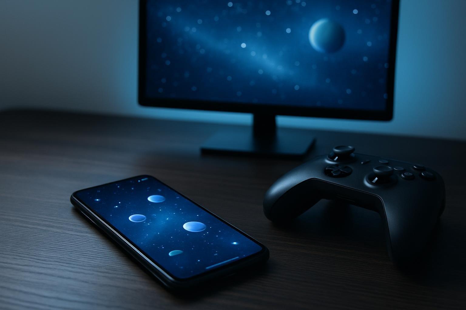 Celular sobre mesa com controle de videogame e tela exibindo interface espacial abstrata de jogo na nuvem