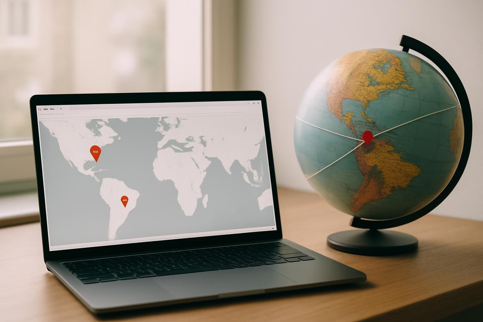 Notebook com dois mapas lado a lado e globo terrestre com barbante ligando pontos opostos na mesa