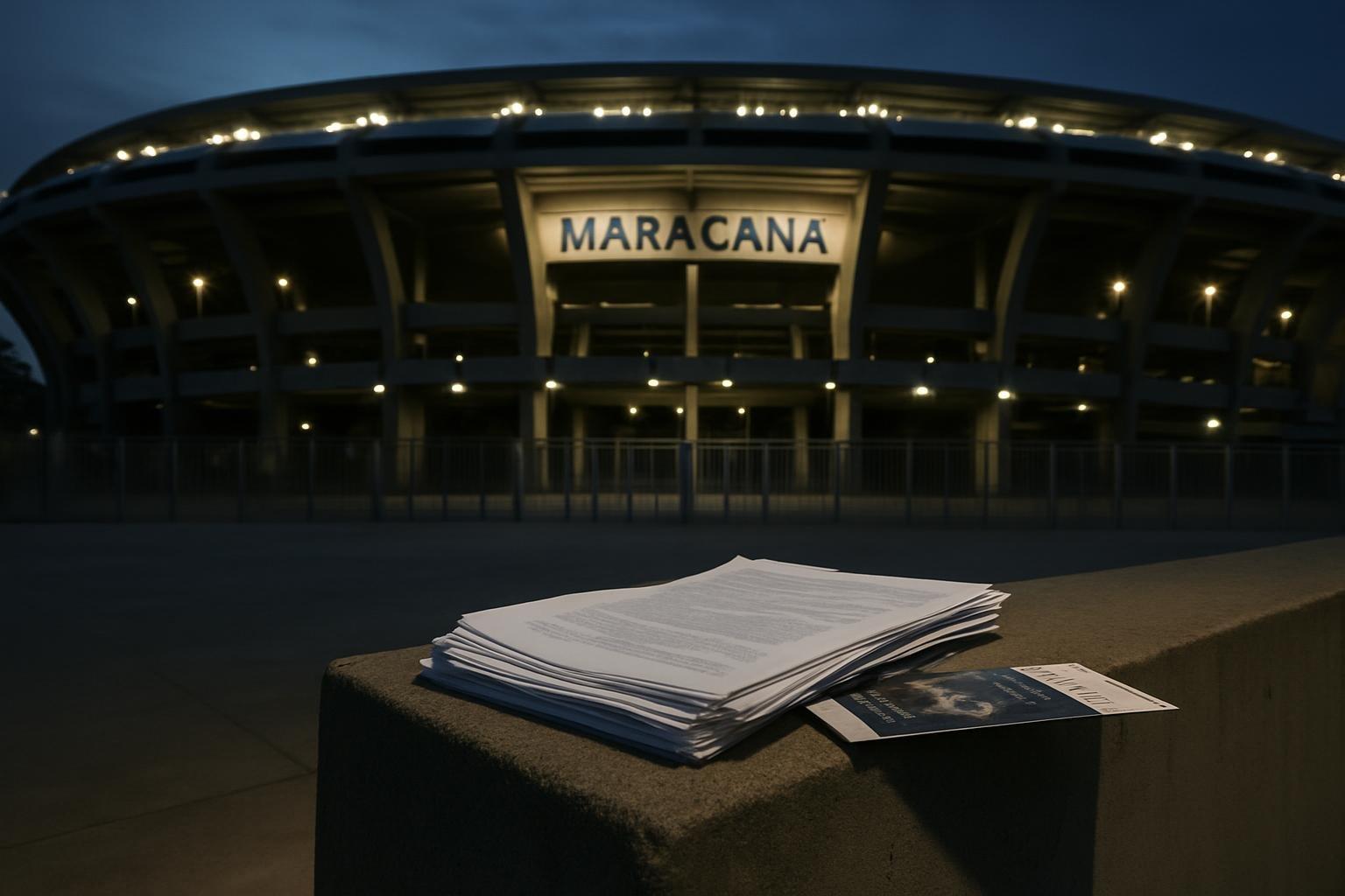 Fachada do Maracanã ao entardecer com papéis de processo e envelope de ingressos em primeiro plano
