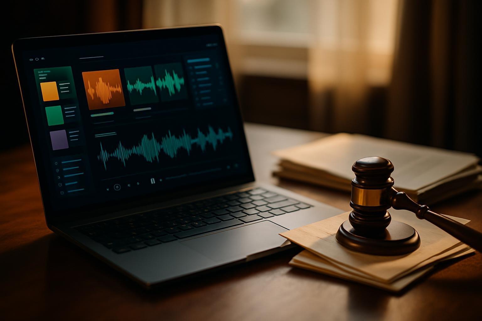Notebook com interface de streaming de música ao lado de documentos judiciais e um martelo sobre a mesa