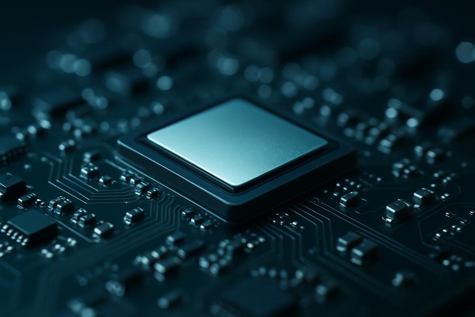 Placa de circuito de celular com o chip processador em destaque, cercado por componentes eletrônicos minúsculos