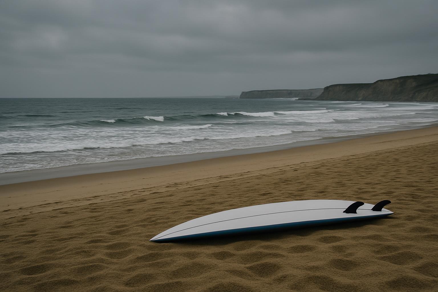 Praia de Supertubos, em Peniche, com mar calmo e uma prancha de surfe apoiada na areia sob céu nublado