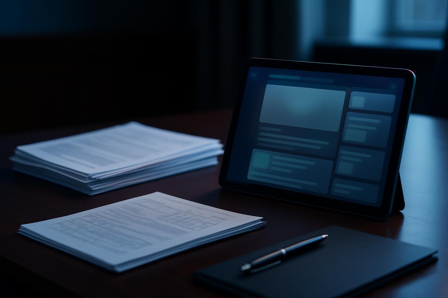 Mesa de escritório com documentos impressos, caneta e tablet exibindo interface genérica de rede social