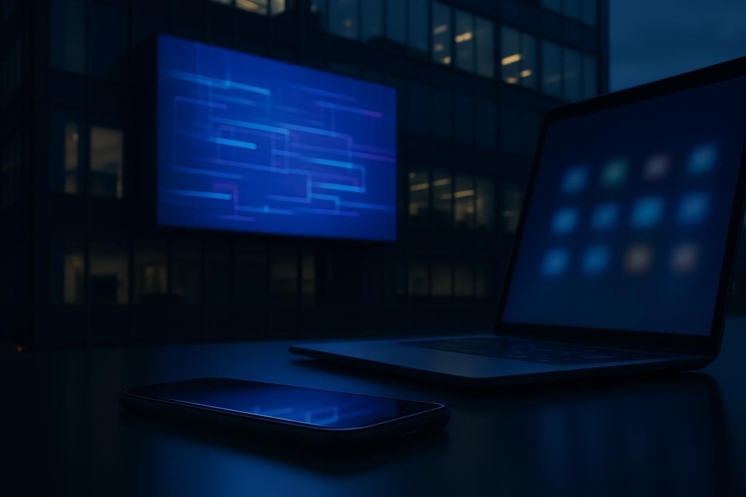Fachada de prédio com painel digital abstrato e celular sobre mesa iluminada por tela azul