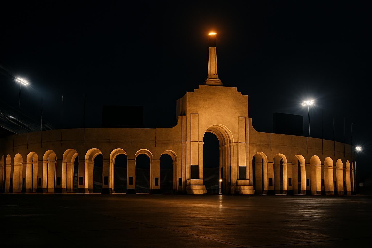Fachada iluminada do Los Angeles Memorial Coliseum à noite, com seus arcos e a torre da tocha olímpica