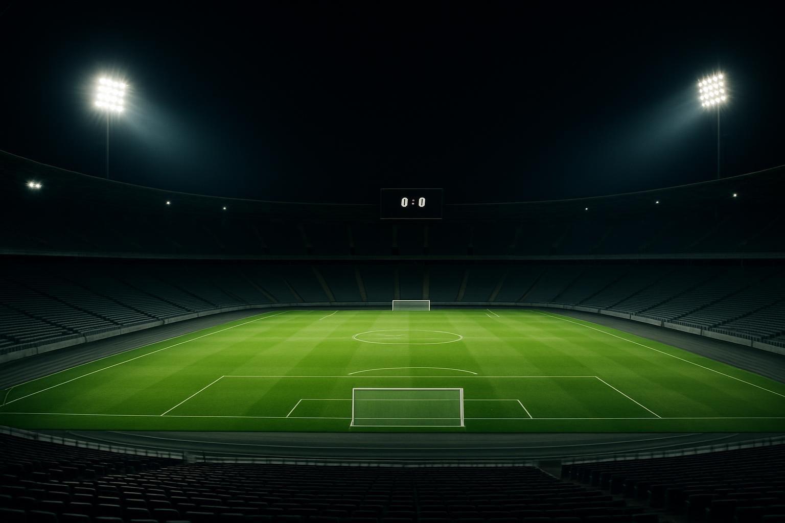 Estádio de futebol vazio à noite, com o gramado iluminado e as arquibancadas sem torcedores após a partida.