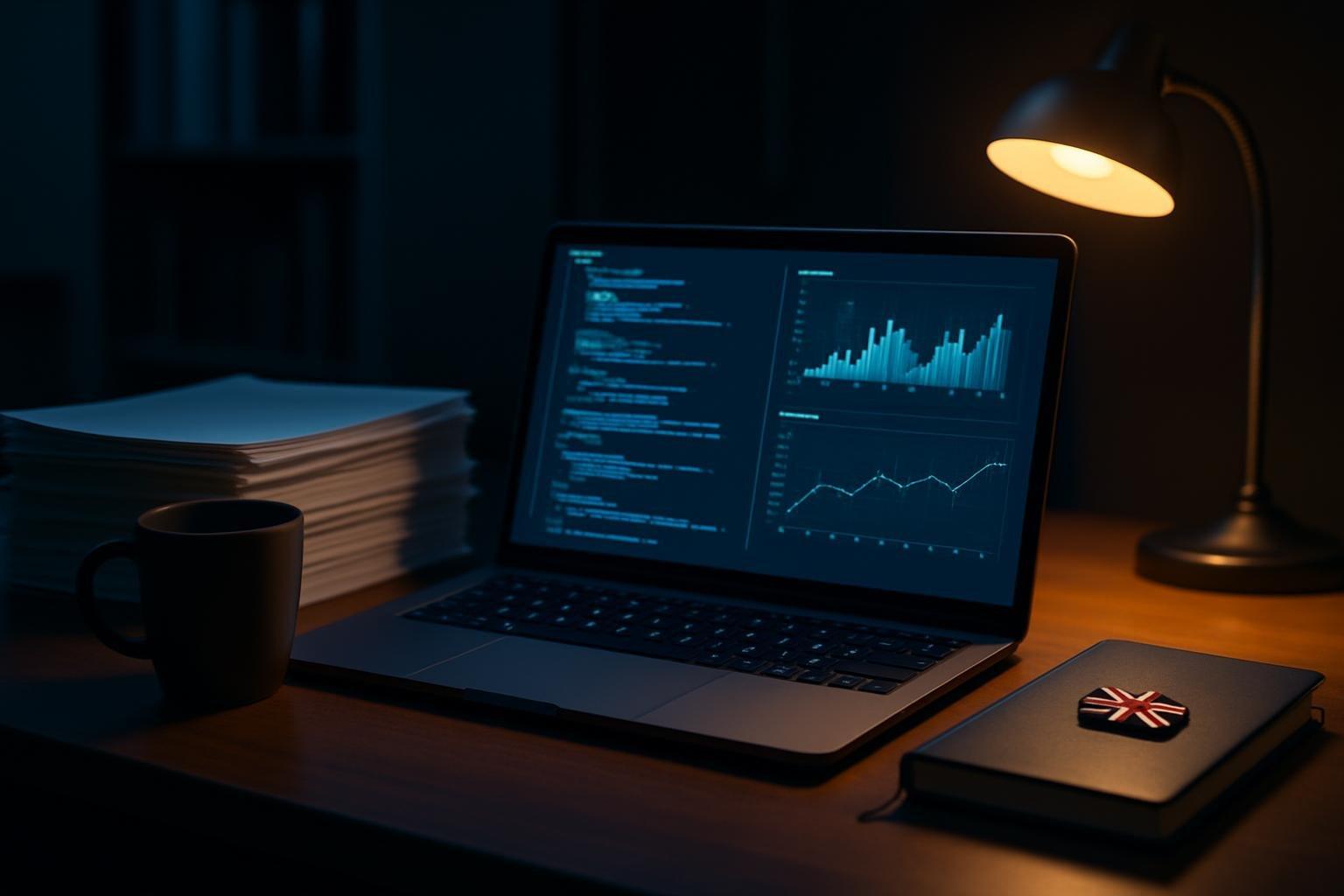 Escritório de pesquisa universitário à noite com laptop exibindo gráficos de dados e pilha de artigos acadêmicos sobre a mesa