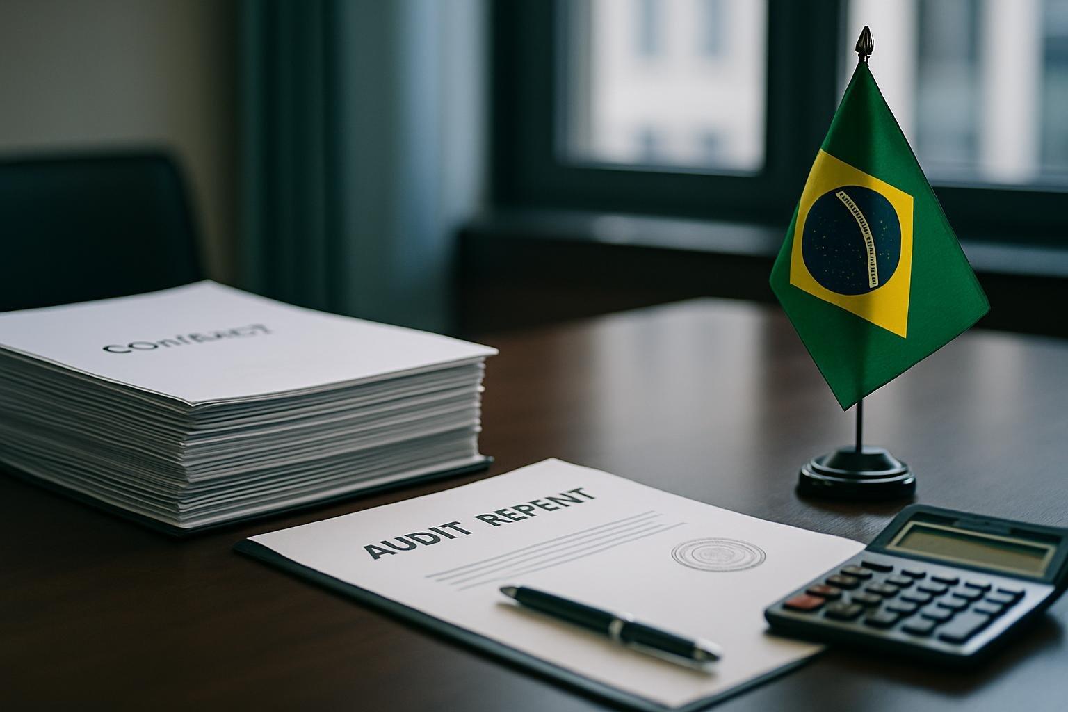 Mesa de auditoria com contratos impressos, relatório carimbado, calculadora e bandeira do Brasil ao lado