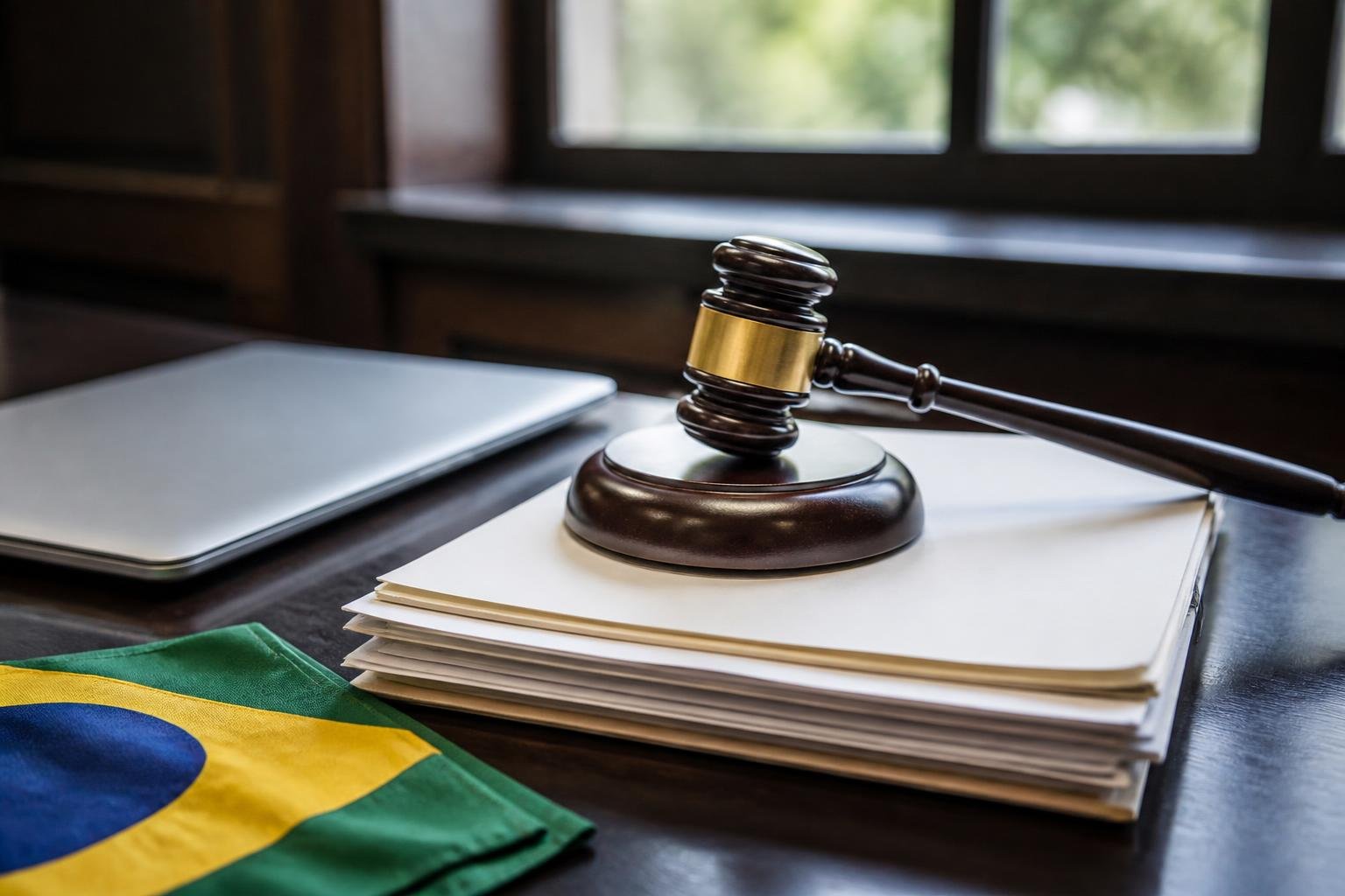Martelo de juiz sobre documentos e notebook fechado em mesa de tribunal, com pequena bandeira do Brasil ao lado