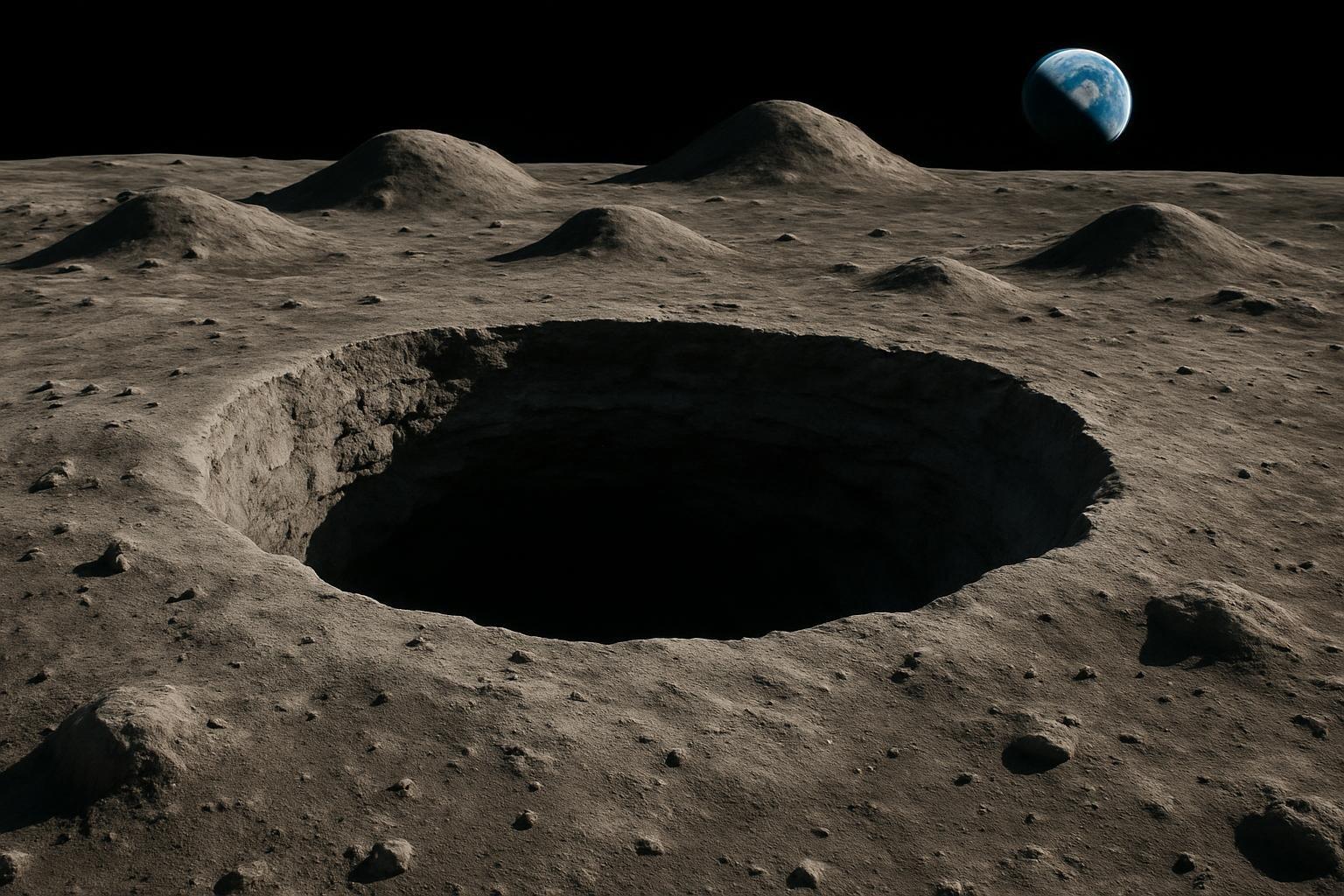 Poço Marius Hills na superfície lunar, abertura circular escura cercada por terreno vulcânico cinzento e camadas de regolito