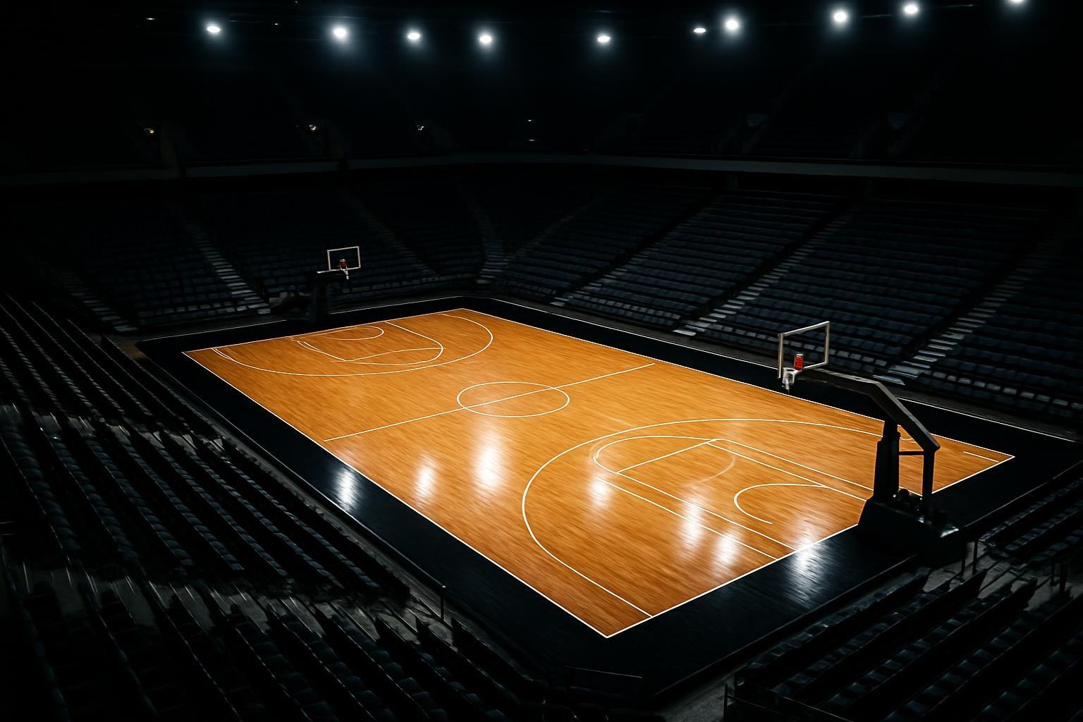 Quadra de basquete da Venetian Arena em Macau, com arquibancadas vazias e iluminação de arena