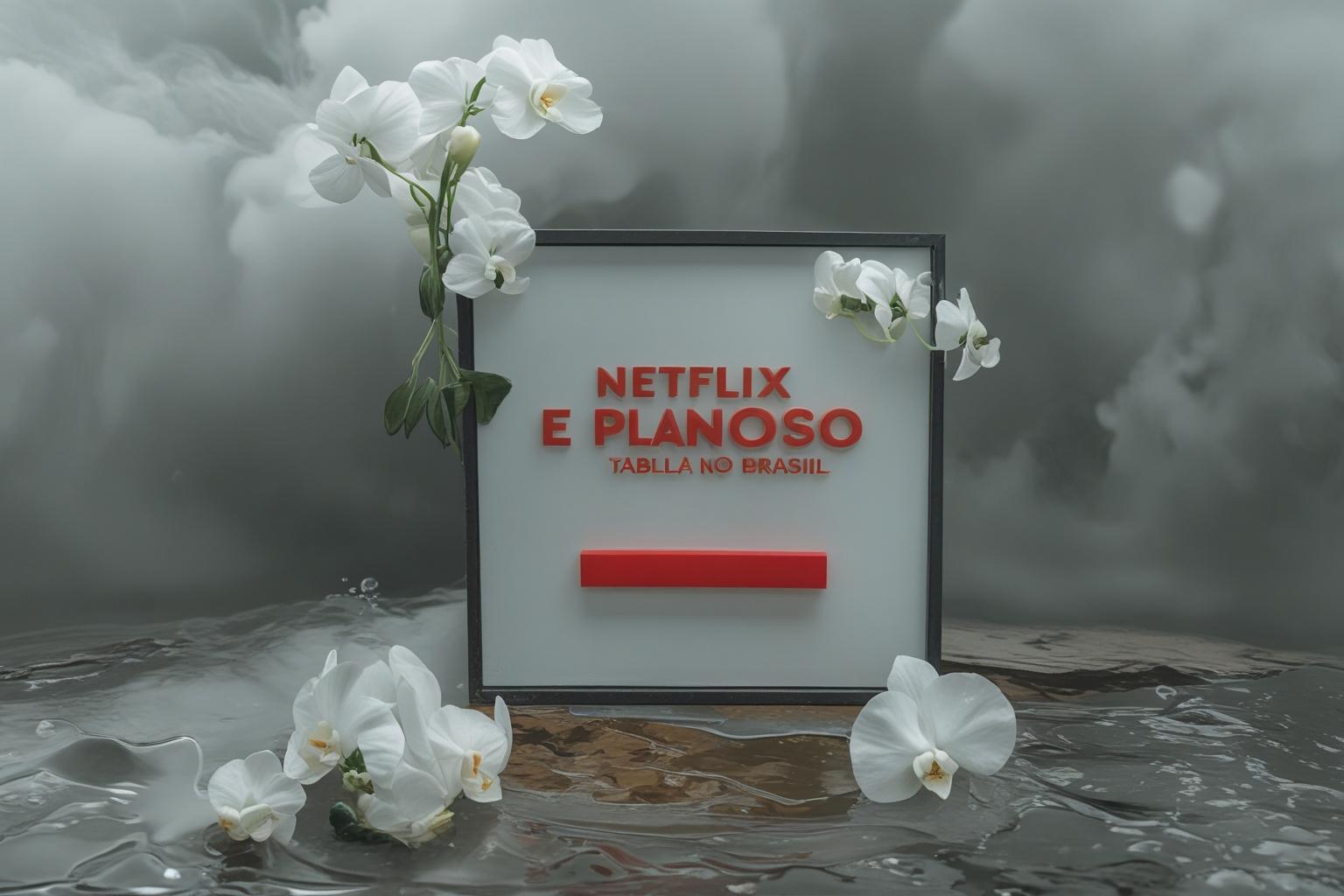 Tela de TV exibindo catálogo de streaming ao lado de controle remoto e tabela impressa com planos e preços da Netflix