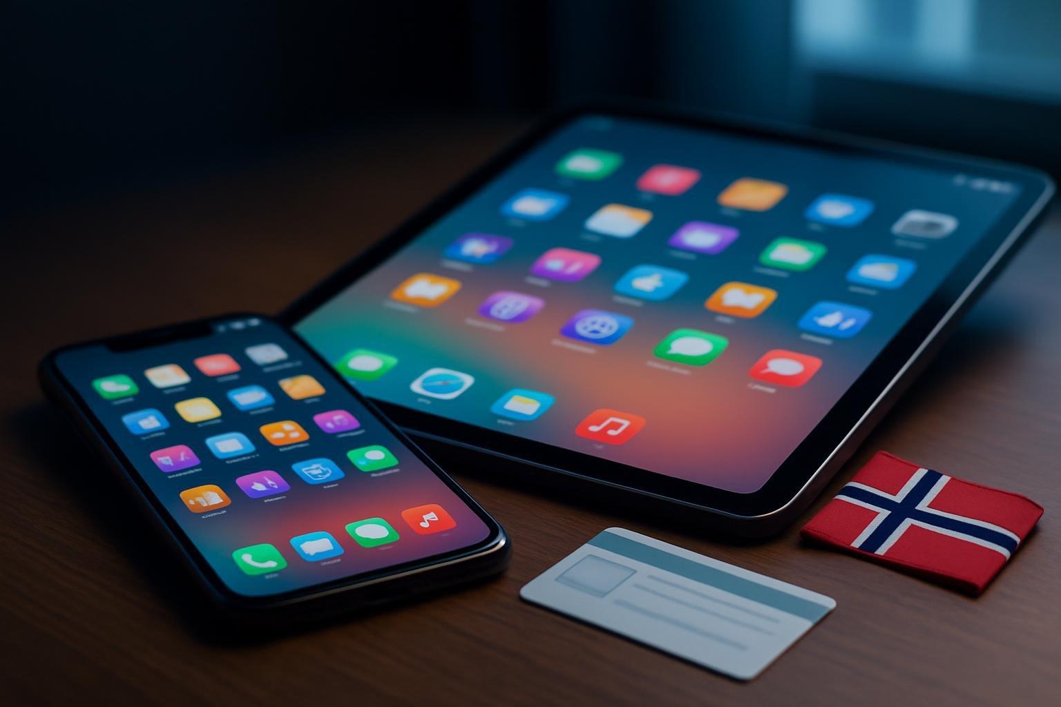 Celular e tablet sobre mesa de madeira com telas de aplicativos, cartão de verificação de idade e bandeira da Noruega ao lado