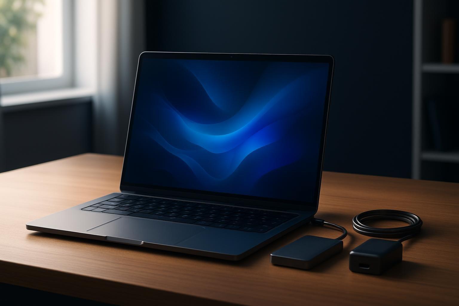 Notebook fino aberto sobre mesa de madeira em escritório iluminado, com SSD externo e carregador USB-C ao lado